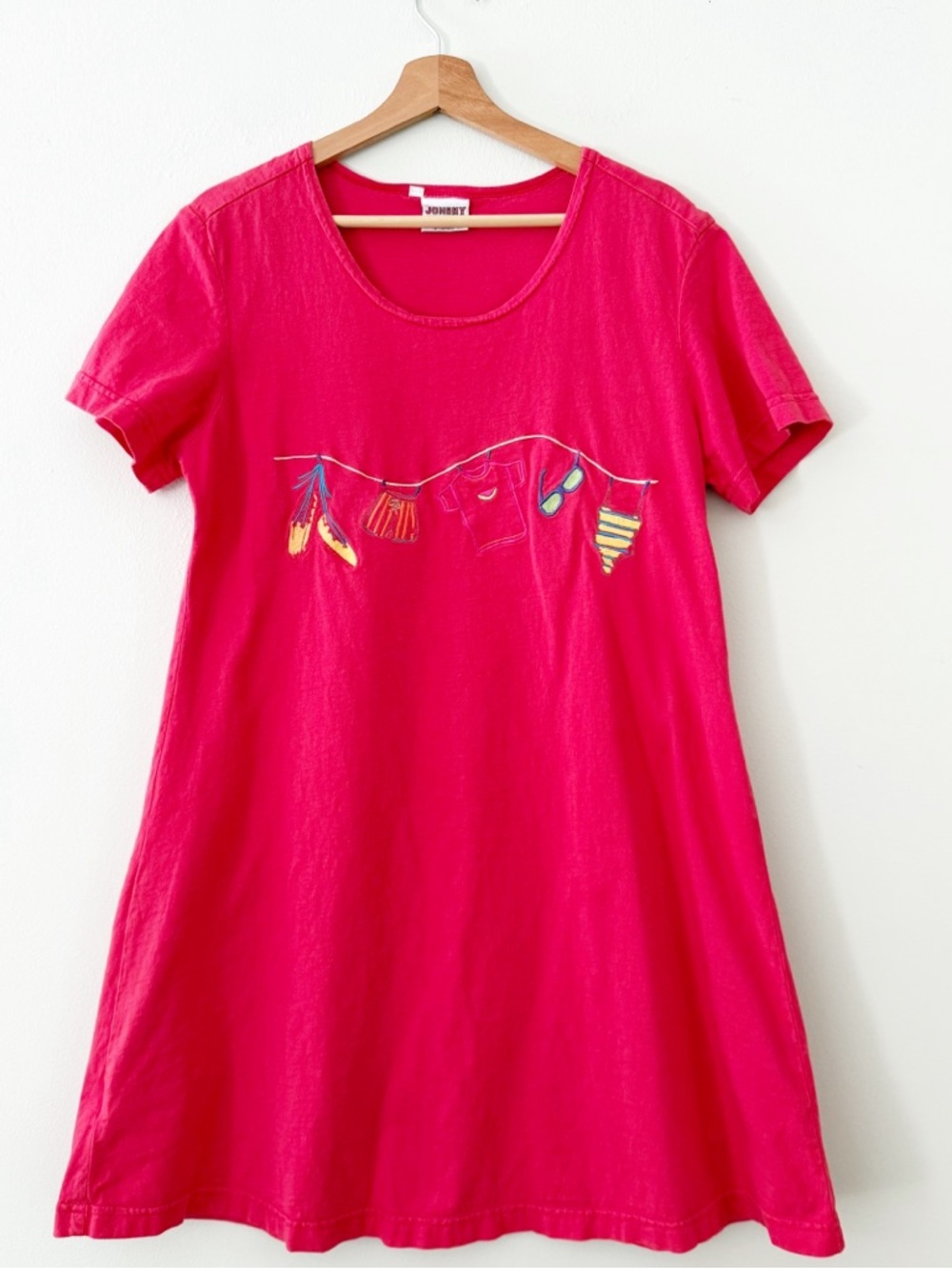 Vtg  90's Johnny Was Women's T Shirt Dress Beach Swim Embroidered Medium Red